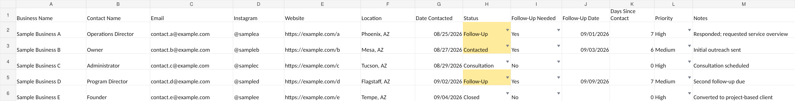 Sample outreach tracking spreadsheet with fictional contact details